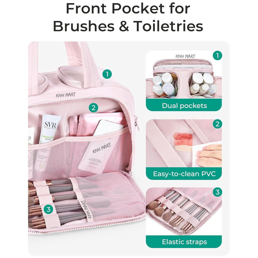 Multi Functional Toiletry Bag for Women | Multi-Compartment Makeup Organiser with Elastic Brush Holders