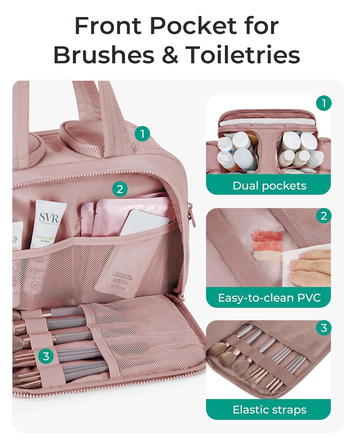 Multi Functional Toiletry Bag for Women | Multi-Compartment Makeup Organiser with Elastic Brush Holders